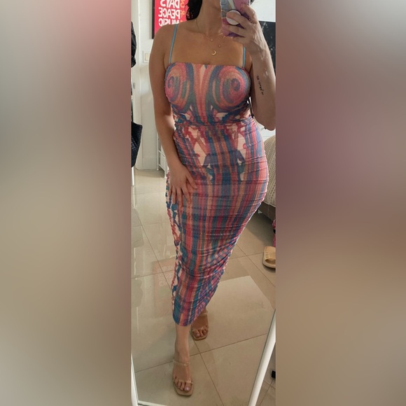 AFRM Hazel Printed Ruched Mesh Midi Dress NWT - Picture 7 of 7